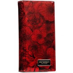 Czerwony, pionowy portfel damski w kwiaty skóra naturalna i ekologiczna RFID STOP Peterson. Czerwone portfele Peterson, z aplikacjami, z lakierowanej skóry. Za 129.99 zł.