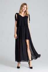 Czarna Warstwowa Maxi Sukienka Wiązana na Ramionach. Czarne sukienki Figl, l, bez wzorów, z elastanu, wizytowe, bez kołnierzyka, bez ramiączek, maxi. Za 369.00 zł.