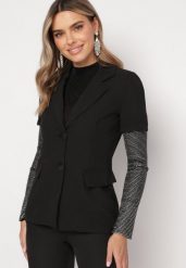 Czarna Marynarka z Siateczkowymi Rękawami z Cyrkoniami Vestona. Czarne marynarki i żakiety Born2be, m, bez wzorów, eleganckie, bez ramiączek. Za 209.99 zł.