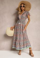 Pomarańczowo-Niebieska Rozkloszowana Sukienka w Etniczny Wzór z Krótkim Rękawem i Gumką w Pasie Zorisa. Brązowe sukienki Renee, na imprezę, s, bez wzorów, eleganckie, bez kołnierzyka, bez ramiączek, maxi, rozkloszowane. W wyprzedaży za 67.99 zł.