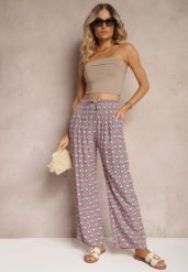 Różowo-Zielone Szerokie Spodnie z Gumką w Talii z Wiskozy w Mozaikowy Print Wavelette. Czerwone jeansy Renee, m, bez wzorów, z jeansu, eleganckie, z podwyższonym stanem. W wyprzedaży za 39.99 zł.