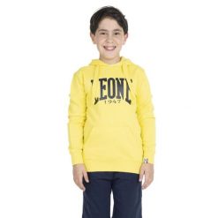 Bluza z bawełna z kaptur na czas wolny na co dzień. Żółte bluzy LEONE 1947 APPAREL, bez wzorów, z bawełny, bez kaptura, na fitness i siłownię. W wyprzedaży za 89.72 zł.