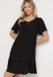Czarna Sukienka z Bawełny o Rozkloszowanym Kroju z Wiązaniem przy Dekolcie Mepilea. Czarne sukienki Born2be, na co dzień, l, bez wzorów, z bawełny, eleganckie, bez kołnierzyka, bez ramiączek, mini, rozkloszowane. Za 49.99 zł.