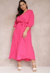 Różowa Kopertowa Sukienka z Gumką i Paskiem w Talii Zdobiona Plisowaniem Kaylina. Czerwone sukienki Renee, l, z aplikacjami, bez kołnierzyka, plus size, bez ramiączek, maxi, kopertowe. Za 79.99 zł.