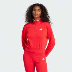Bluza dresowa Essentials Color Pop French Terry Crop Quarter-Zip. Czerwone bluzy adidas, m, bez wzorów, z dresówki, bez kaptura, na fitness i siłownię. W wyprzedaży za 199.20 zł.