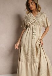 Beżowa Wiskozowa Sukienka Kopertowym Dekoltem i Frędzlami Redevie. Brązowe sukienki Renee, na spotkanie biznesowe, m, bez wzorów, z wiskozy, eleganckie, bez kołnierzyka, bez ramiączek, maxi, kopertowe. W wyprzedaży za 91.99 zł.