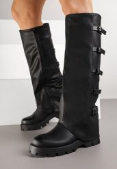 Czarne Kozaki w Typie Biker Ozdobione Klamrami Latenea. Czarne kozaki Born2be, z aplikacjami, z jeansu, eleganckie, bez obcasa, na obcasie, bez zapięcia. Za 179.99 zł.