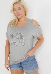 Szara Bluzka Oversize z Nadrukiem i Cyrkoniami Gerris. Szare bluzki Born2be, bez wzorów, bez kołnierzyka, bez ramiączek. Za 69.99 zł.