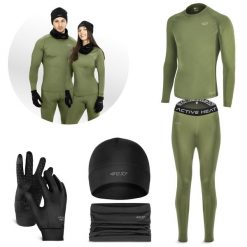 Zestaw odzieży termicznej unisex 4FIZJO czarny/zielony - 5 elementów. Zielona bielizna termoaktywna damska 4FIZJO, bez wzorów, bez ramiączek, narciarskie. Za 219.99 zł.