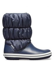 Crocs Kozaki zimowe w kolorze granatowym rozmiar: 34/35. Niebieskie kozaki Crocs, na zimę, bez wzorów, eleganckie, bez obcasa, bez zapięcia. Za 173.99 zł.