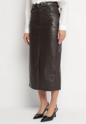 Ciemnobrązowa Długa Spódnica High Waist z Imitacji Skóry z Dodatkowym Paskiem i Rozcięciem Wyneti. Brązowe spódnice Born2be, na co dzień, s, bez wzorów, ze skóry, eleganckie, maxi, koszulowe. Za 129.99 zł.