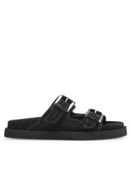 Eva Minge Klapki ELENA-24SS800 Czarny. Czarne klapki Eva Minge, bez wzorów, ze skóry, bez obcasa, bez zapięcia. Za 399.99 zł.