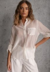 Biała Prześwitująca Koszula z Cyrkoniami Arialle. Białe koszule Renee, l, bez wzorów, z jeansu, z asymetrycznym kołnierzem, bez ramiączek. Za 89.99 zł.