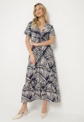 Niebieska Sukienka Wiskozowa Rozkloszowana w Liściasty Print Draledia. Niebieskie sukienki Born2be, na imprezę, l, bez wzorów, z wiskozy, bez kołnierzyka, bez ramiączek, maxi, rozkloszowane. Za 89.99 zł.