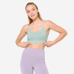 Stanik sportowy Domyos prążkowany. Czarne biustonosze sportowe DOMYOS, bez wzorów, z elastanu, na fitness i siłownię. Za 69.99 zł.