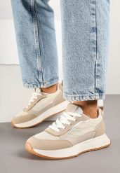 Ciemnobeżowe Sneakersy Ozdobione Geometrycznym Motywem Calgis. Brązowe buty sportowe lifestyle Renee, bez wzorów, z jeansu, sportowe, bez zapięcia. Za 99.99 zł.