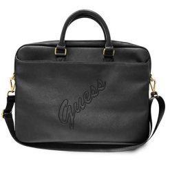 Torba Guess Saffiano Script 15'' czarny. Czarne torby na laptopa Guess, z aplikacjami, ze skóry ekologicznej, na ramię, z tłoczeniem. Za 272.08 zł.