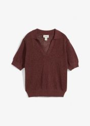 T-shirt ażurowy polo z domieszką lnu. Brązowe t-shirty bonprix, w ażurowe wzory, bez kołnierzyka, bez ramiączek. Za 59.99 zł.