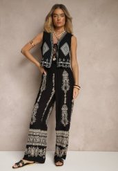 Czarne Szerokie Spodnie z Lnem i Bawełną High Waist z Haftem i Metaliczną Nicią Serilia. Czarne jeansy Renee, bez wzorów, z bawełny, eleganckie, z podwyższonym stanem. W wyprzedaży za 50.99 zł.