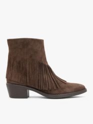 Brązowe botki z frędzlami. Brązowe botki Ryłko, bez wzorów, ze skóry, boho, za kostkę, bez obcasa, na obcasie, bez zapięcia. Za 479.99 zł.