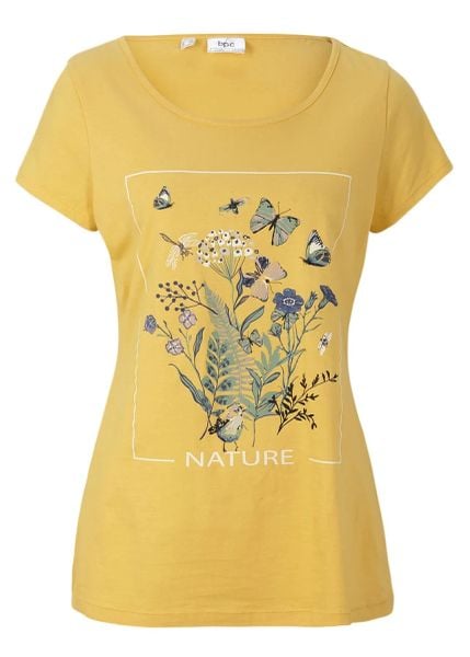 T-shirt bawełniany z nadrukiem. Żółte t-shirty bonprix, bez wzorów, z bawełny, bez kołnierzyka, bez ramiączek. Za 32.99 zł.