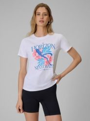 4F T-shirt regular z nadrukiem damski - biały XL. Białe t-shirty 4f, xl, bez wzorów, z bawełny, bez kołnierzyka, bez ramiączek. Za 59.99 zł.