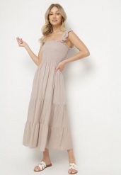 Beżowa Rozkloszowana Bawełniana Sukienka na Ramiączkach z Gumkami i Falbanką Mevesta. Brązowe sukienki Born2be, l, bez wzorów, z bawełny, eleganckie, bez kołnierzyka, bez ramiączek, maxi, rozkloszowane. W wyprzedaży za 38.24 zł.