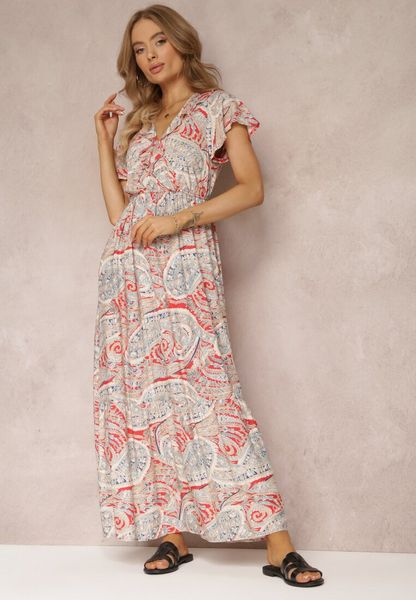 Czerwona Wiskozowa Sukienka z Gumką w Pasie i Kopertowym Dekoltem Asima. Czerwone sukienki Renee, l, bez wzorów, z wiskozy, bez kołnierzyka, bez ramiączek, maxi, kopertowe. Za 89.99 zł.