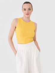 4F Crop top dzianinowy damski - żółty XS. Żółte topy 4f, xs, bez wzorów, z bawełny, sportowe, bez kołnierzyka, bez ramiączek. W wyprzedaży za 39.99 zł.