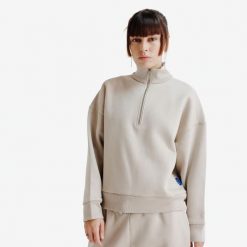 Bluza oversize ze stójką na suwak damska Elementals. Brązowe bluzy z kapturem Decathlon, m, bez wzorów, z bawełny, bez kaptura. Za 179.99 zł.