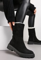 Czarne Botki z Imitacji Zamszu z Futerkiem i Płaską Podeszwą Cegia. Czarne botki Renee, bez wzorów, bez obcasa, na płaskiej podeszwie, bez zapięcia. Za 89.99 zł.