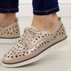 Złote ażurowe skórzane półbuty damskie S.Barski 51-611. Żółte półbuty wsuwane S.BARSKI, na jesień, w ażurowe wzory, ze skóry, klasyczne, bez obcasa. Za 219.00 zł.