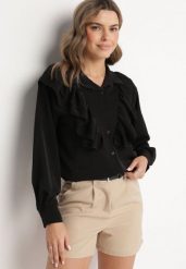 Czarna Koszula z Ozdobną Falbaną Cornelea. Czarne koszule Born2be, bez wzorów, z jeansu, eleganckie, bez kołnierzyka, bez ramiączek. W wyprzedaży za 76.49 zł.