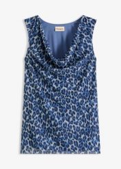 Top z dekoltem kaskadowym. Niebieskie topy bonprix, bez wzorów, eleganckie, bez kołnierzyka, bez ramiączek. Za 54.99 zł.