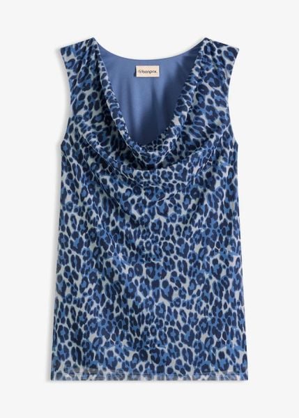 Top z dekoltem kaskadowym. Niebieskie topy bonprix, bez wzorów, eleganckie, bez kołnierzyka, bez ramiączek. Za 54.99 zł.