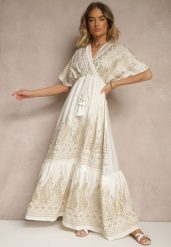 Biała Wiskozowa Sukienka Boho o Kopertowym Kroju z Metalicznym Haftem Redeselle. Białe sukienki Renee, na co dzień, m, z aplikacjami, z wiskozy, boho, bez kołnierzyka, bez ramiączek, maxi, kopertowe. W wyprzedaży za 91.99 zł.