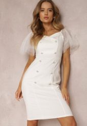 Biała Sukienka Trypheira. Białe sukienki Renee, m, bez wzorów, z bawełny, eleganckie, bez kołnierzyka, bez ramiączek, midi, dopasowane. W wyprzedaży za 135.99 zł.