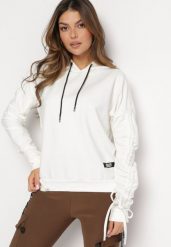 Biała Bawełniana Bluza z Kapturem i Troczkami Vitami. Białe bluzy Born2be, bez wzorów, z bawełny, casualowe, bez ramiączek, z kapturem. W wyprzedaży za 93.49 zł.