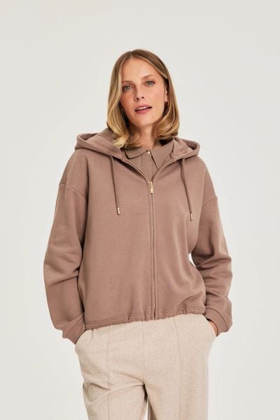 Bluza z kapturem beżowa. Brązowe bluzy MOODO, l, bez wzorów, z bawełny, bez ramiączek, z kapturem. Za 139.99 zł.