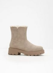Botki ocieplane. Brązowe botki bonprix, bez wzorów, bez obcasa, bez zapięcia. Za 169.99 zł.