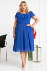 Sukienka na wesele hiszpanka szyfonowa rozkloszowana MILANO chabrowa. Niebieskie sukienki KARKO, do pracy, plus size, bez wzorów, z materiału, biznesowe, bez kołnierzyka, plus size, bez ramiączek, midi, proste. Za 495.50 zł.