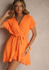 Pomarańczowa Sukienka o Rozkloszowanym Kroju z Paskiem i Falbanami Addea. Brązowe sukienki Renee, bez wzorów, eleganckie, bez kołnierzyka, bez ramiączek, mini, rozkloszowane. W wyprzedaży za 63.99 zł.
