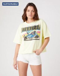 DAMSKI T-SHIRT WRANGLER BOXY TEE WAX YELLOW W7S2-GF-X9B 112132116. Żółte t-shirty Wrangler, s, bez wzorów, bez kołnierzyka, bez ramiączek. Za 69.99 zł.