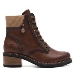 Botki Remonte. Brązowe botki Remonte, bez wzorów, bez obcasa, na słupku, bez zapięcia. Za 499.99 zł.