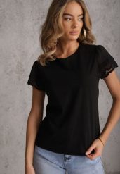 Czarny T-shirt z Bawełny z Rękawami z Koronki Hycis. Czarne t-shirty Renee, m, bez wzorów, z bawełny, bez kołnierzyka, bez ramiączek. Za 69.99 zł.