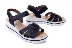 RIEKER 67487-14 blue, sandały damskie. Niebieskie sandały Rieker, bez wzorów, bez obcasa, na koturnie, bez zapięcia. Za 289.90 zł.