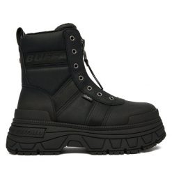 Trzewiki Buffalo. Czarne botki Buffalo, bez wzorów, bez obcasa, na koturnie, bez zapięcia. Za 349.99 zł.