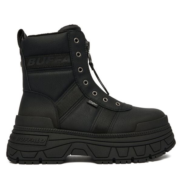 Trzewiki Buffalo. Czarne botki Buffalo, bez wzorów, bez obcasa, na koturnie, bez zapięcia. Za 349.99 zł.