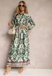 Zielona Pudełkowa Sukienka Satynowa z Paskiem w Talii w Ornamentalny Print Tarosa. Zielone sukienki Renee, l, bez wzorów, z materiału, bez kołnierzyka, bez ramiączek, maxi. W wyprzedaży za 111.99 zł.