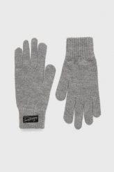 Superdry rękawiczki damskie kolor szary. Szare rękawiczki Superdry, bez wzorów, z dzianiny. W wyprzedaży za 61.99 zł.